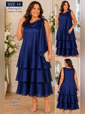 Signature by Sangria Navy Blue Jacquard Tiered Dress Size 14 Wedding Guest NWT